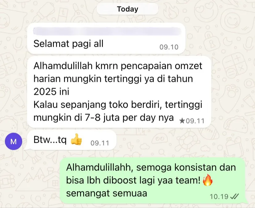 WhatsApp message from a client celebrating their highest daily revenue of the year, around Rp7 to 8 million per day